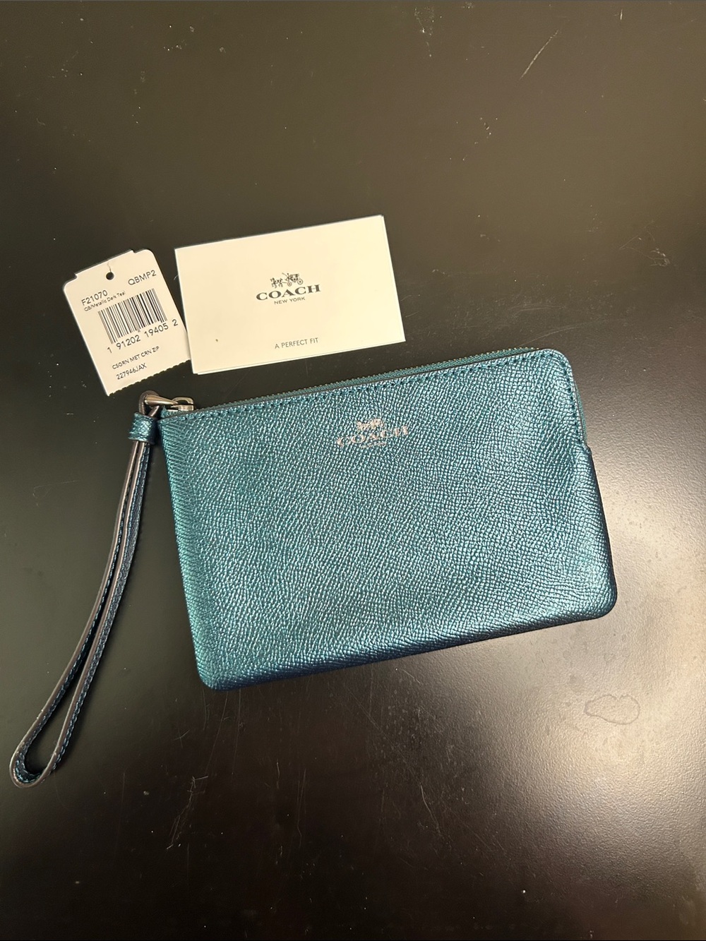 Coach Teal Metallic Wristlet Pouch